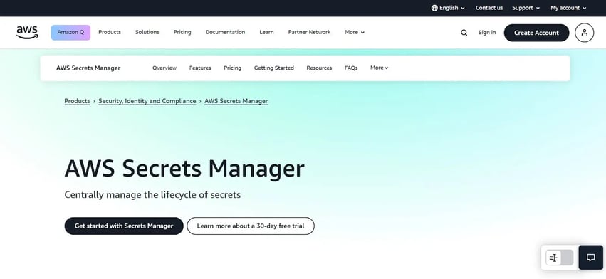 AWS Secrets Manager homepage focused on lifecycle management for secrets in the cloud