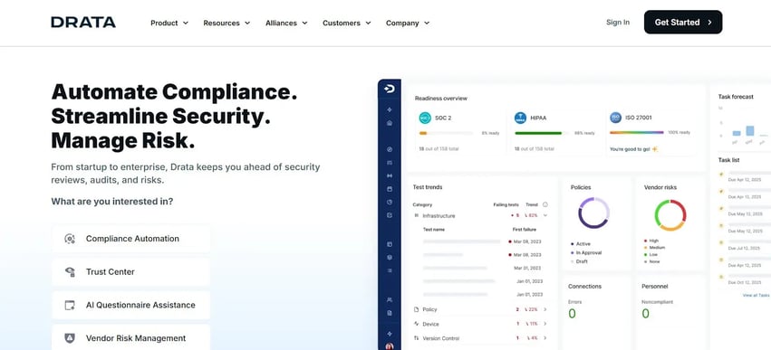 Drata homepage focused on automating compliance, streamlining security, and managing risk