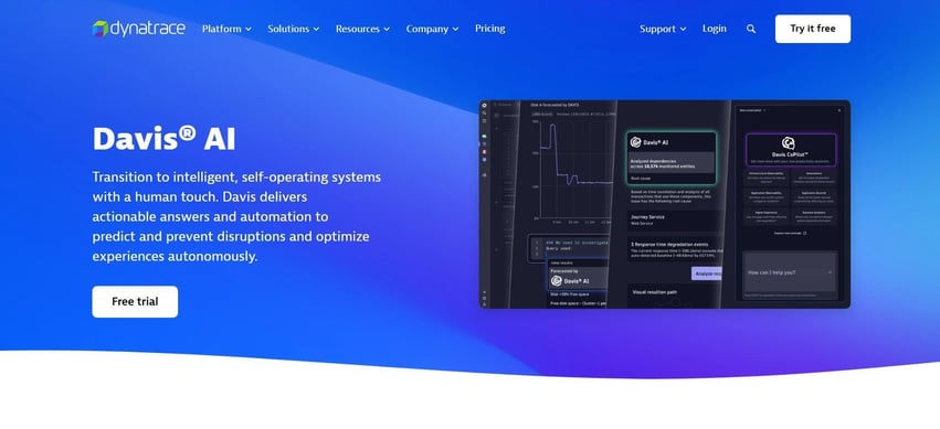 Dynatrace Davis AI for predictive monitoring and root cause analysis.