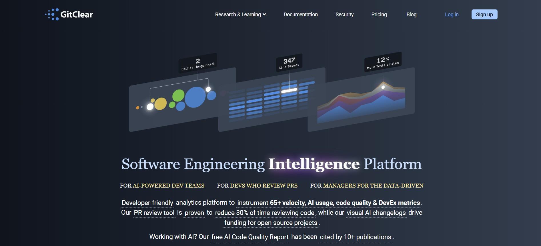 GitClear dashboard showcasing metrics like critical bugs fixed, line impact, and increased test writing for software engineering intelligence.