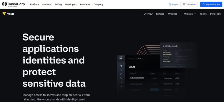 HashiCorp Vault homepage focused on securing application identities and sensitive data