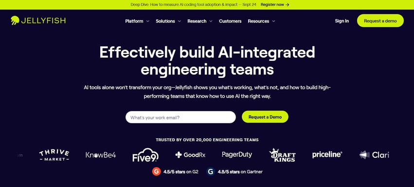 Jellyfish highlighting its platform for managing AI-integrated engineering teams.