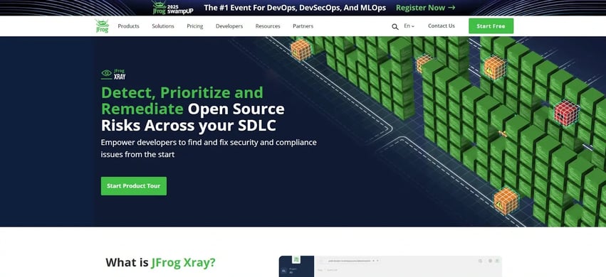 JFrog Xray homepage focused on open source risk detection and SDLC security