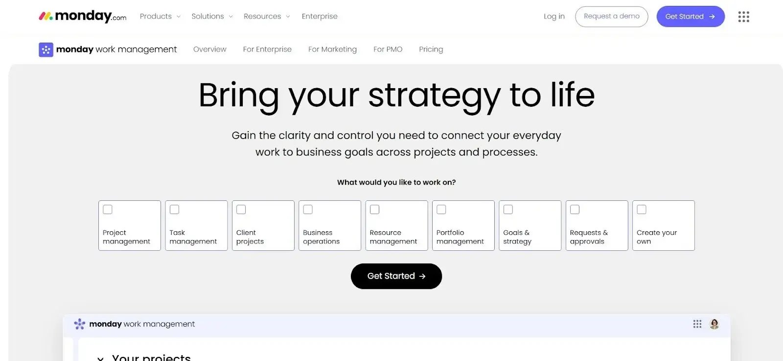 monday.com, a work management system connecting daily tasks to project goals