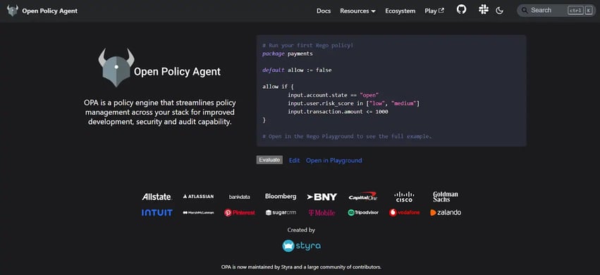 Open Policy Agent homepage showcasing policy management and Rego policy example