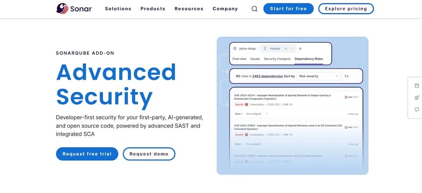 SonarQube Advanced Security add-on showing SAST and dependency risk analysis