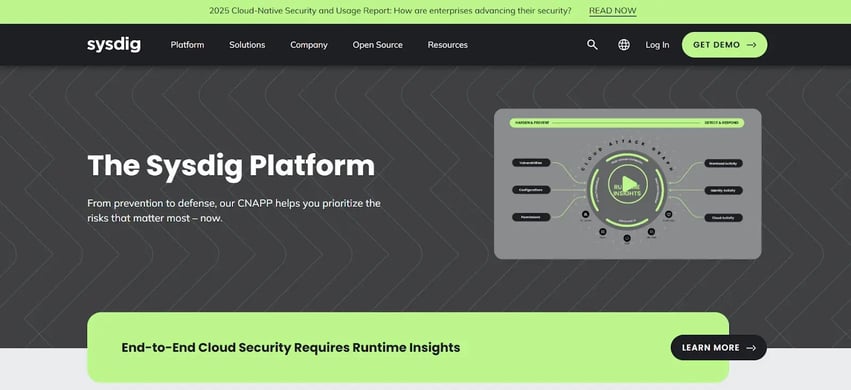 Sysdig Platform homepage with CNAPP focus on cloud runtime security and threat insights