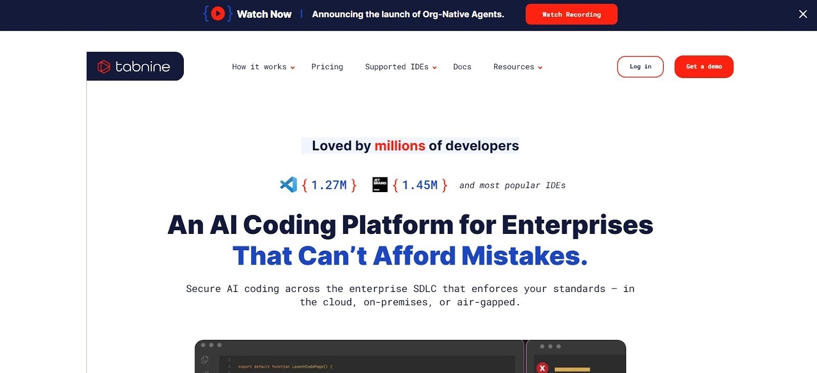Tabnine AI platform for secure enterprise coding and automated code assistance.