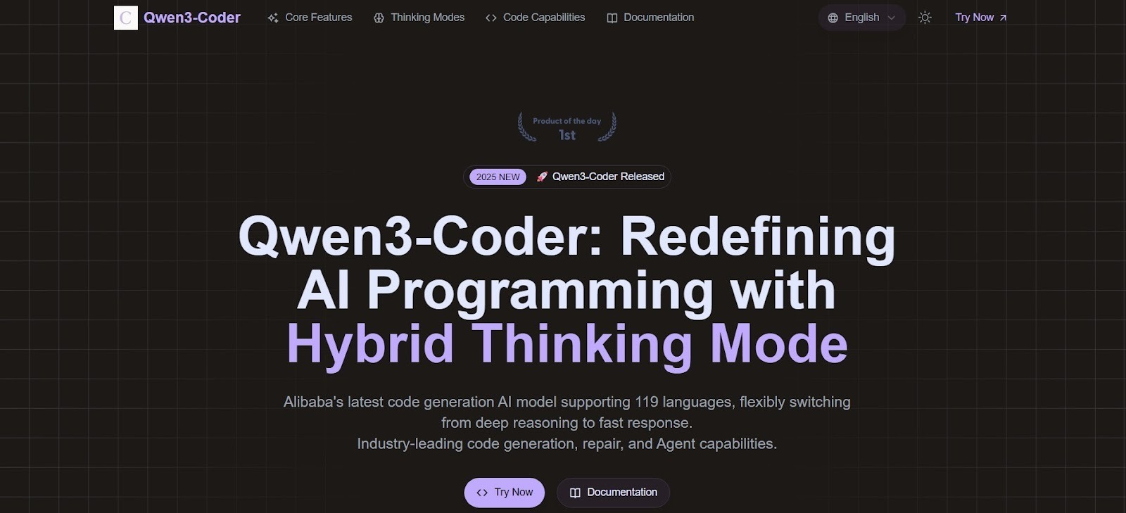 Qwen3 Coder interface highlighting its hybrid AI programming and code generation.