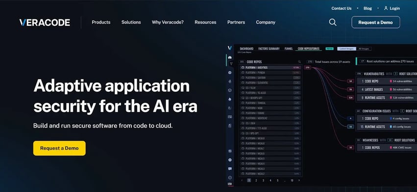 Veracode homepage highlighting AI-driven application security and code repo insights.