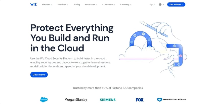 Wiz homepage showcasing cloud security tools for faster, scalable development