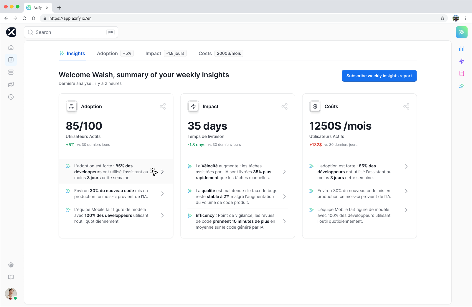 Axify Intelligence dashboard displaying weekly insights for Walsh, summarizing adoption, impact on delivery time, and associated costs, highlighting AI's role.