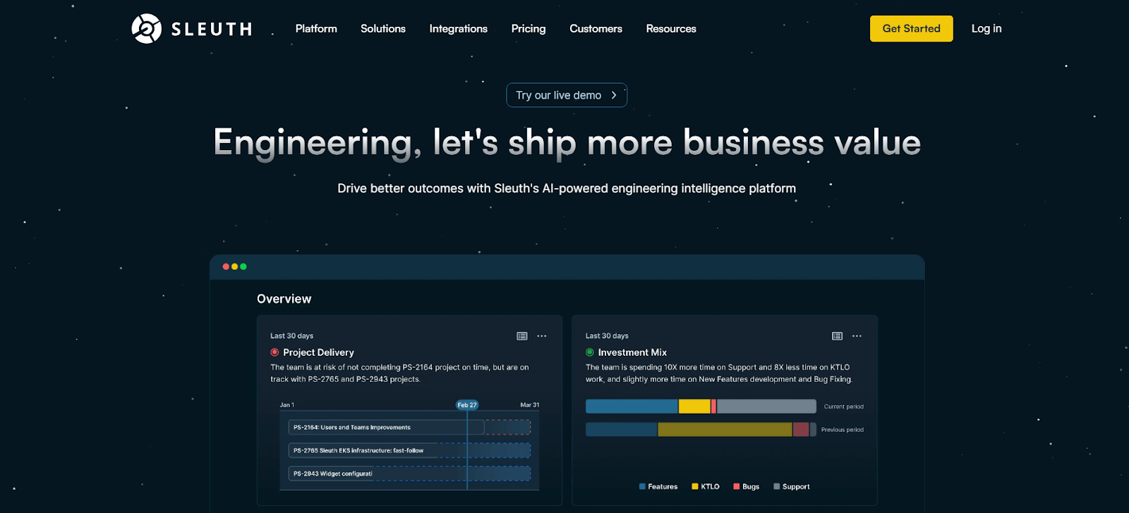 Sleuth presenting its engineering intelligence platform focused on delivery insights.