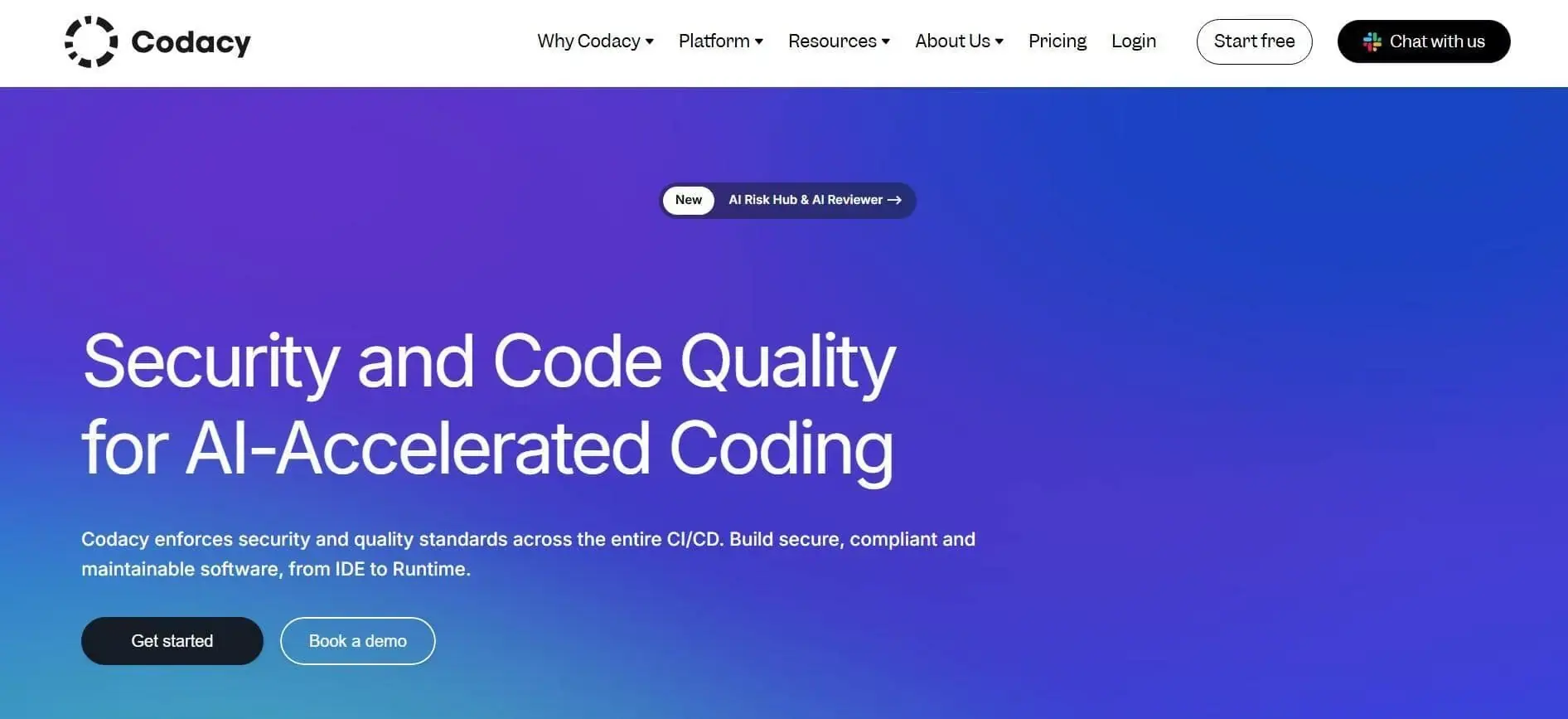 Screenshot of the Codacy website highlighting its AI-powered security and code quality features for accelerated coding.