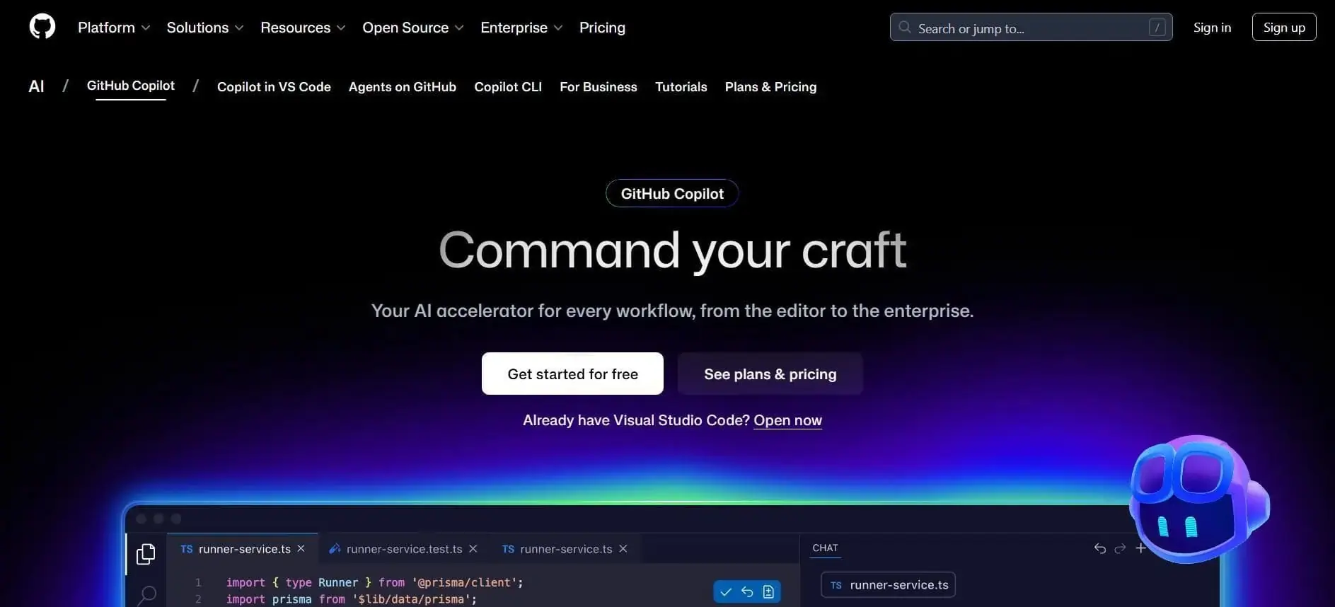 GitHub Copilot homepage showcasing AI-assisted code generation in a development environment with sample code files open, emphasizing its role in accelerating workflows.
