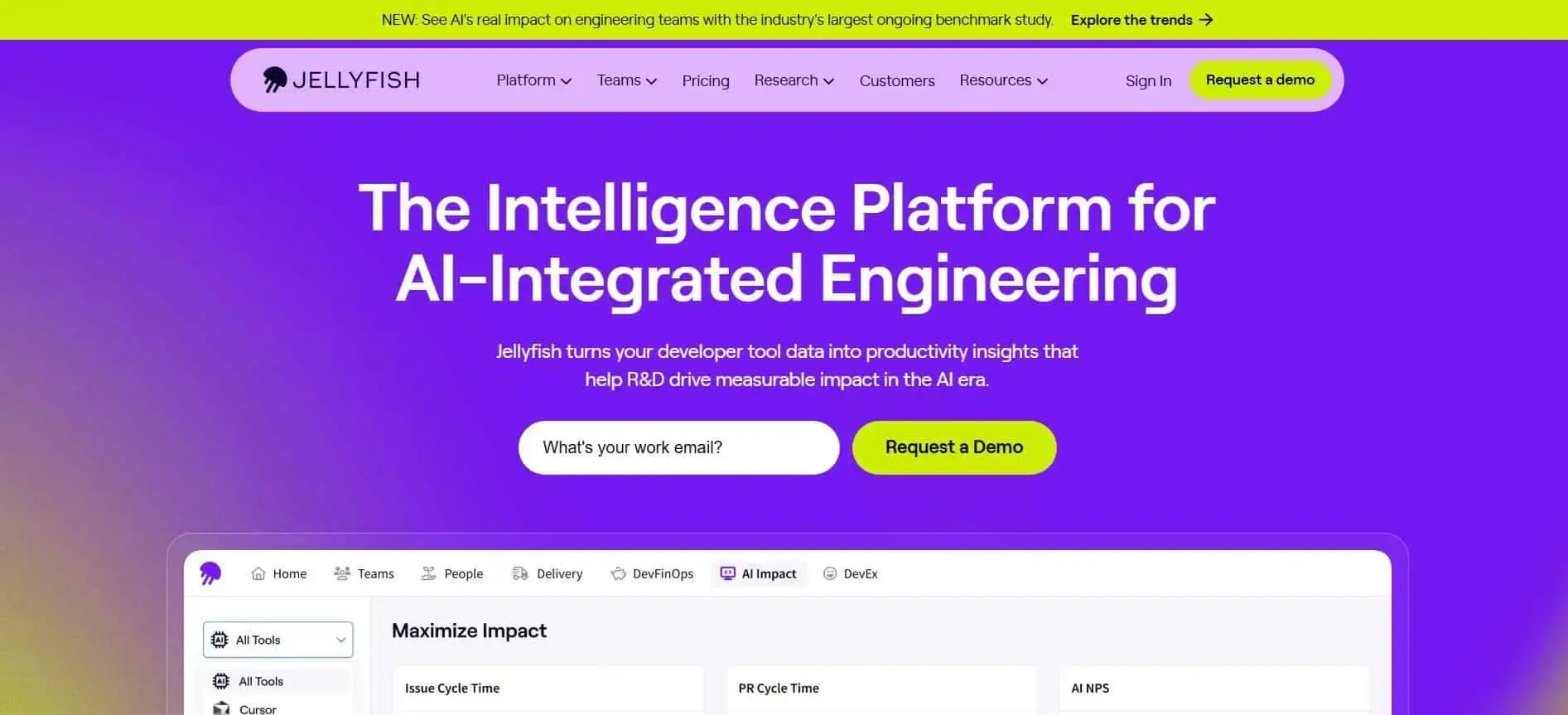 Jellyfish homepage showcasing "The Intelligence Platform for AI-Integrated Engineering" with options for platform, teams, pricing, research, and customer resources to help R&D drive measurable impact.