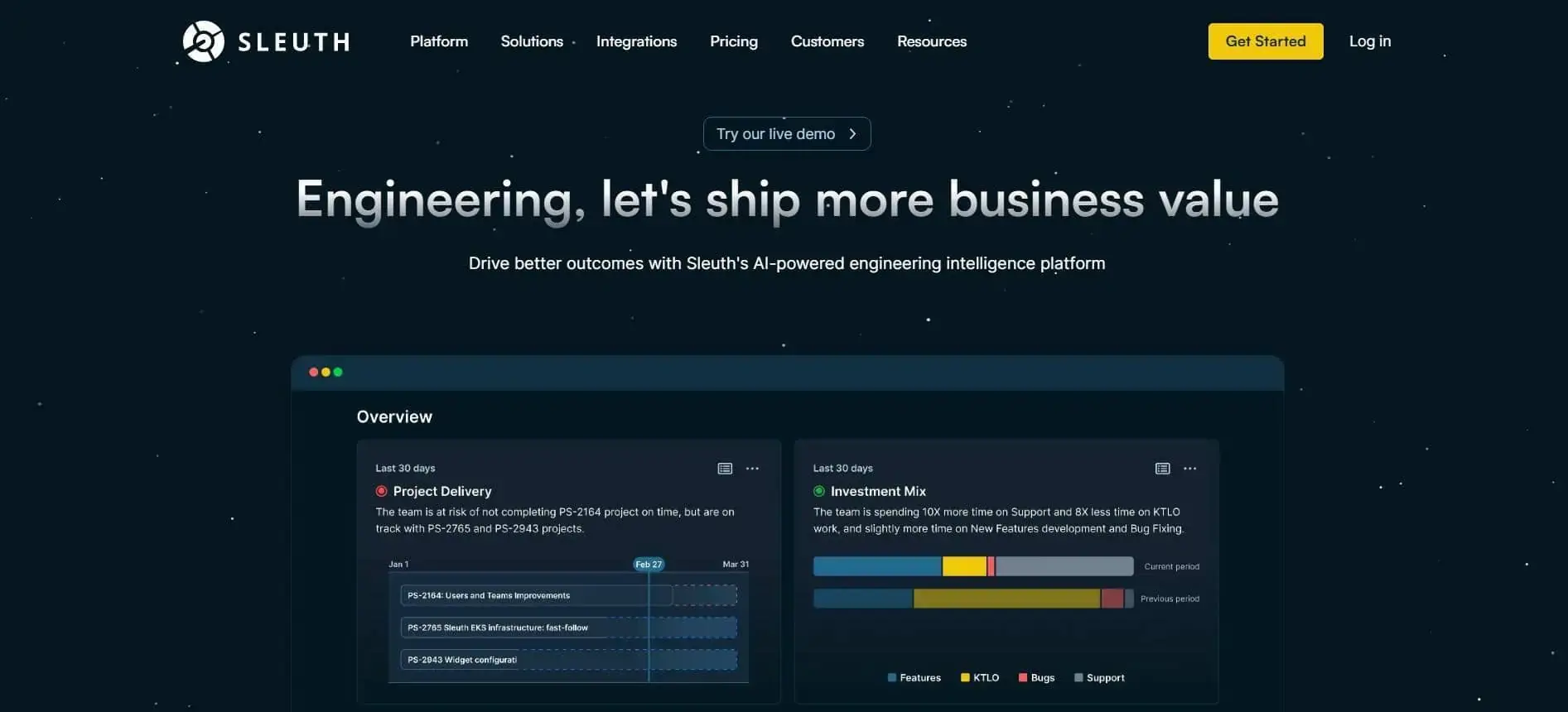 Sleuth's AI-powered engineering intelligence platform homepage, showcasing project delivery and investment mix dashboards for DORA tracking and reporting.